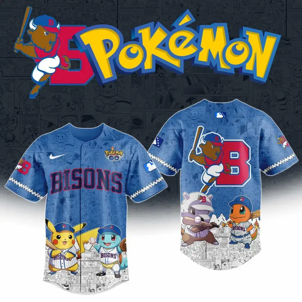 Exclusive Pokémon Bisons Baseball Jersey – Pikachu, Squirtle & Charmander Design – Limited Edition Image