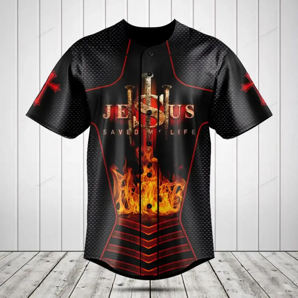 Faith-Inspired Baseball Jersey - 'Jesus Saved My Life' Design, Bold Black & Red With Flame Graphics Image