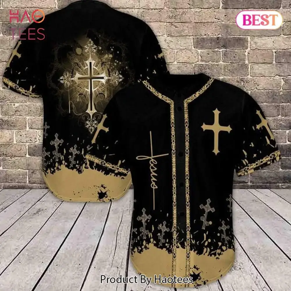 Faith-Inspired Black & Gold Cross Baseball Jersey - Unique Christian Apparel Image
