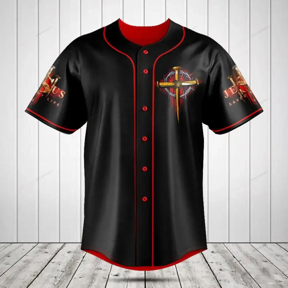 Faith-Inspired Black Baseball Jersey - Cross & Jesus Design, Stylish Christian Apparel Image