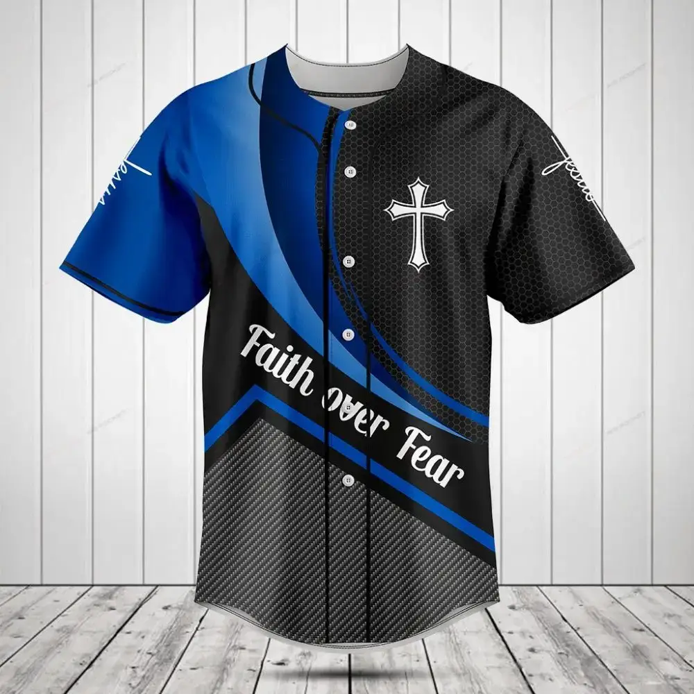 Faith Over Fear Baseball Jersey – Blue & Black Cross Design Shirt For Men Image