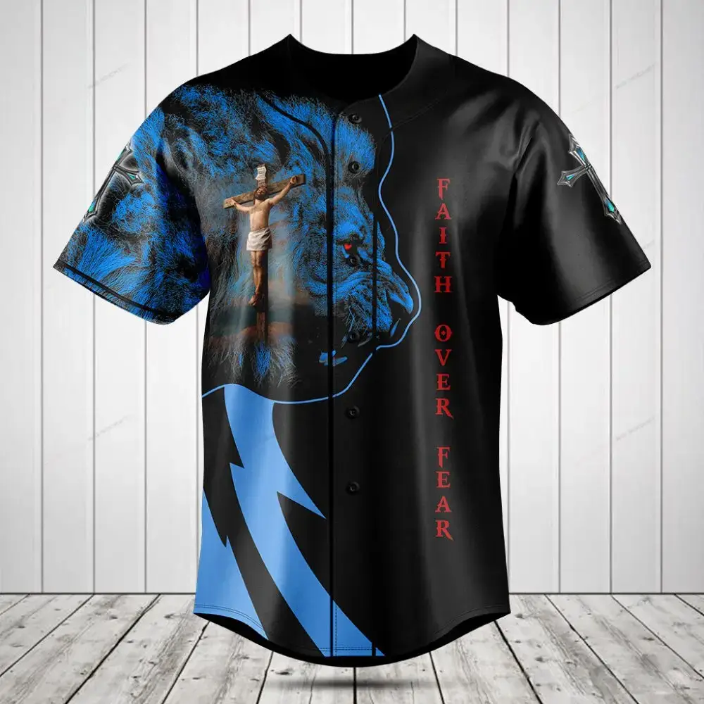 Faith Over Fear Graphic Baseball Jersey - Bold Lion & Cross Design - Men'S Spiritual Apparel Image