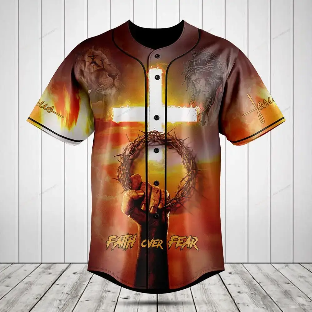 Faith Over Fear Lion & Cross Graphic Baseball Jersey – Bold Christian Apparel Image