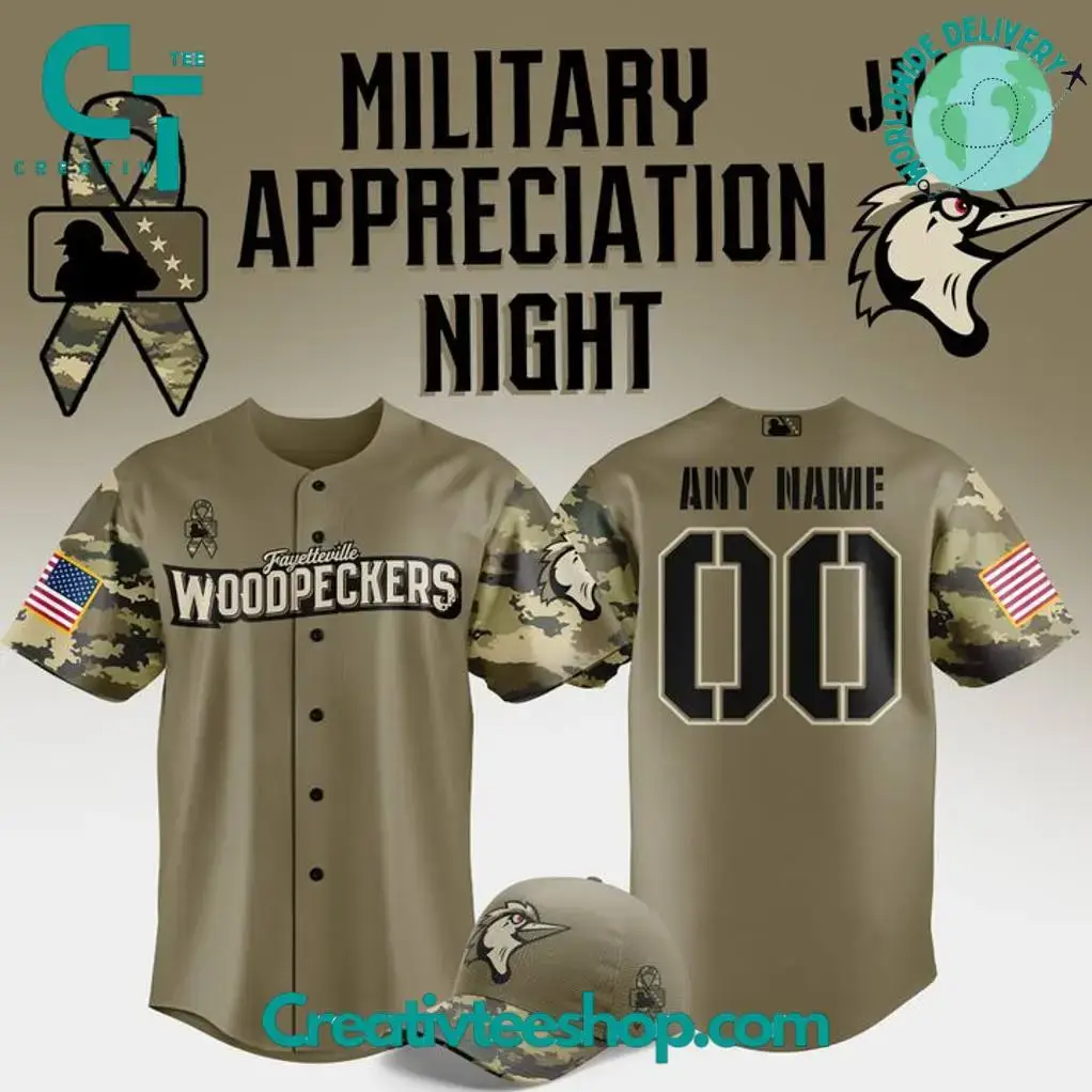 Fayetteville Woodpeckers Military Appreciation Night 2025 Camo Baseball Jersey Image