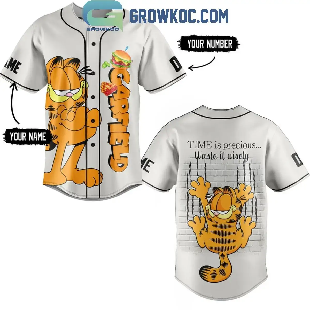 Garfield Time Is Precious Waste It Wisely Personalized Baseball Jersey Image