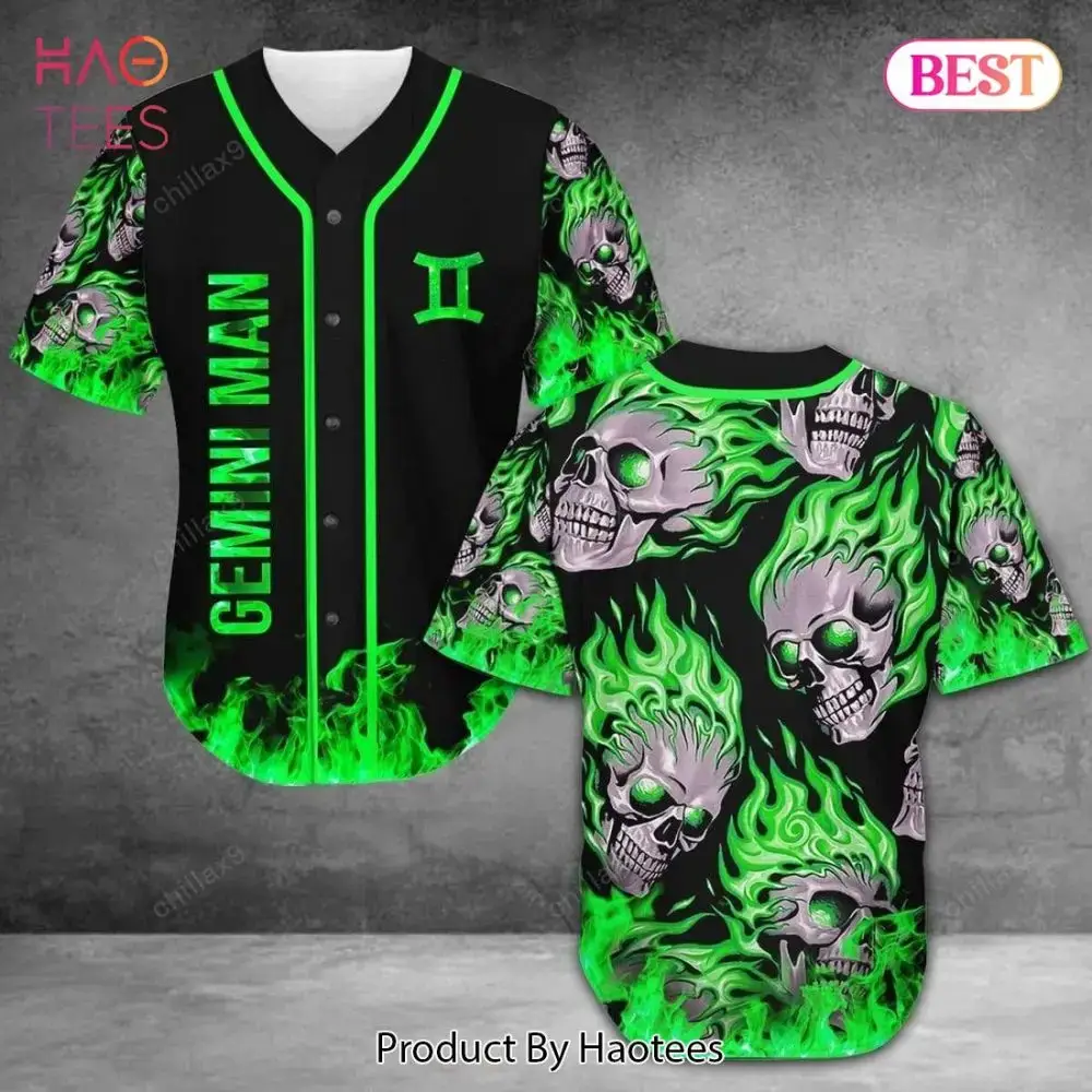 Gemini Man Baseball Jersey – Green Flame Skull Design, Custom Zodiac Shirt Image
