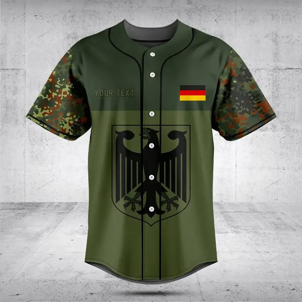 German Eagle Baseball Jersey - Military Green Camo Design, Customizable Text, Unisex Fit Image