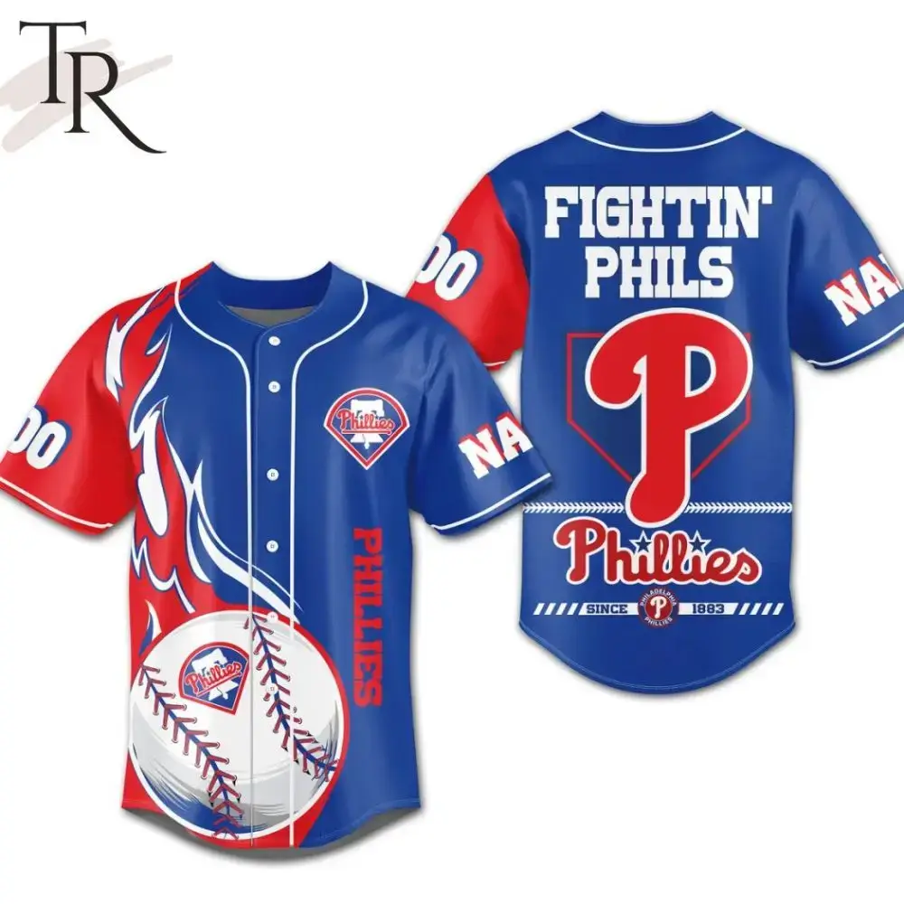 Get Game-Ready: Phillies Fightin' Phils Baseball Jersey – Bold Blue/Red Design! Image