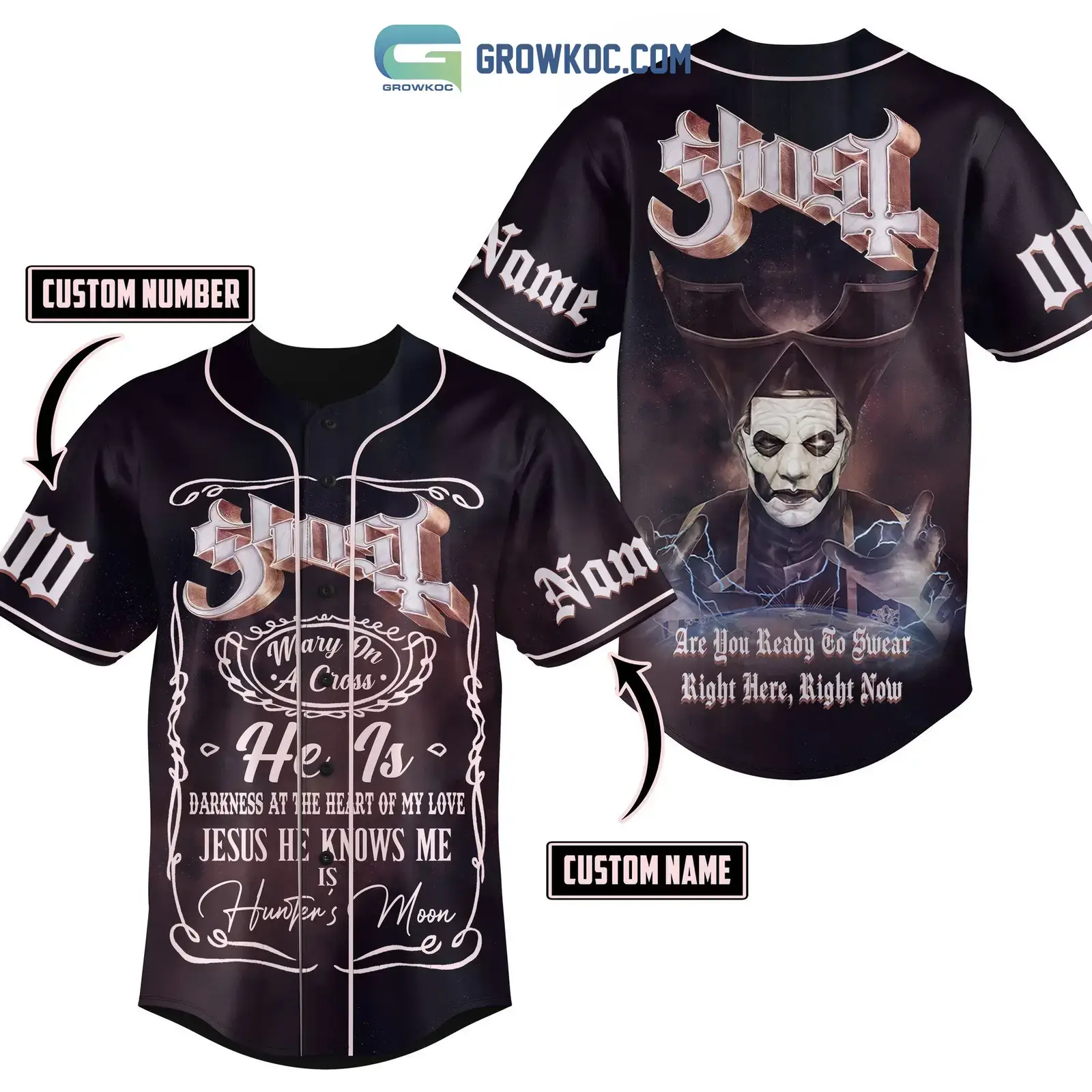 Ghost He Is Darkness At The Heart Of My Love Jesus He Knows Me Is Hunter's Moon Personalized Baseball Jersey Image