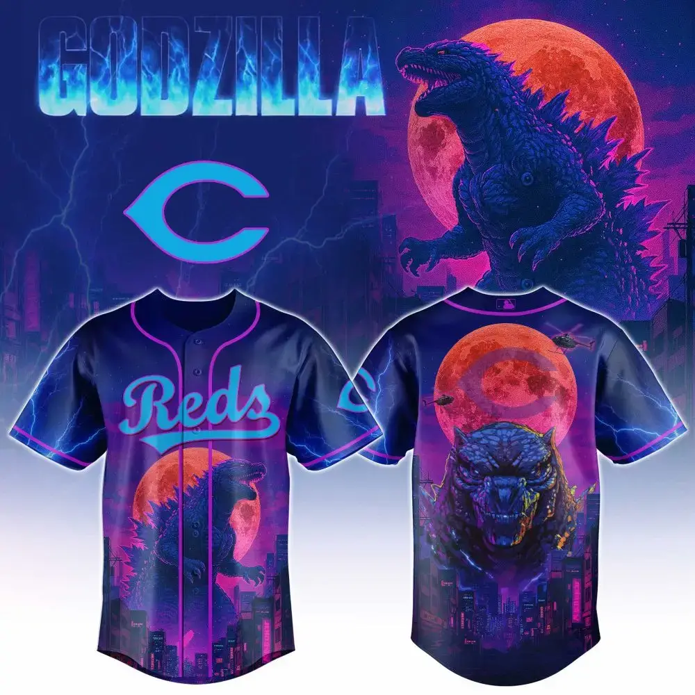 Godzilla Reds Baseball Jersey - Neon Monster Art Design, Perfect Gift For Fans Image