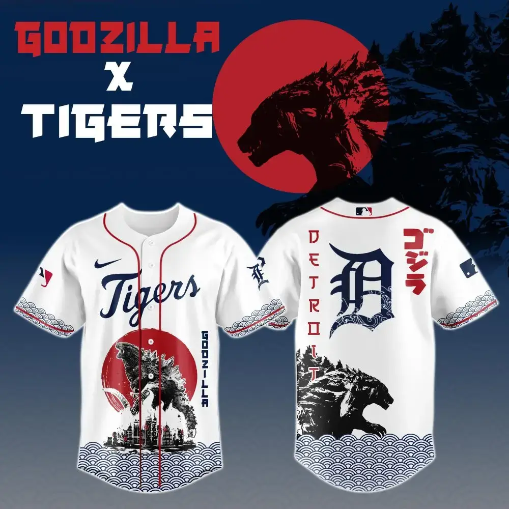 Godzilla X Detroit Tigers Japan Custom Baseball Jersey Image