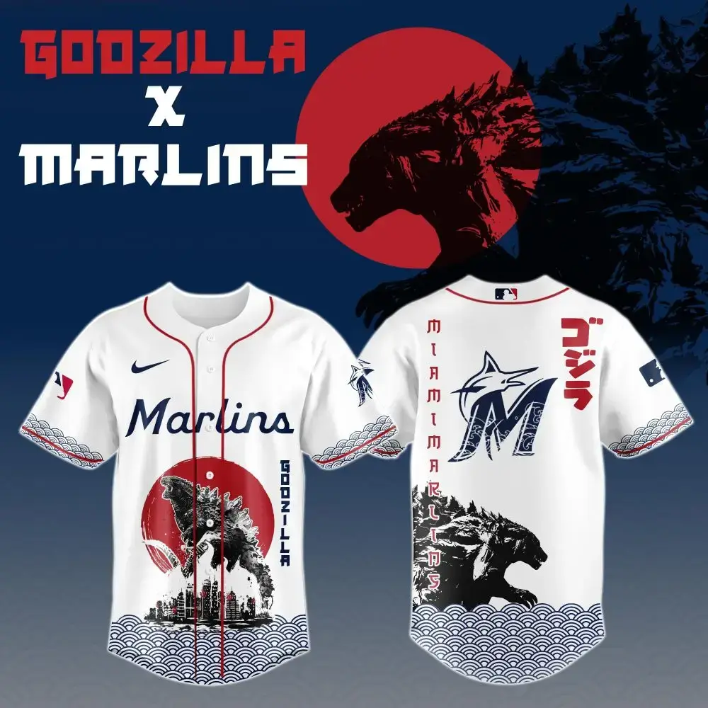 Godzilla X Miami Marlins Custom Baseball Jersey Image
