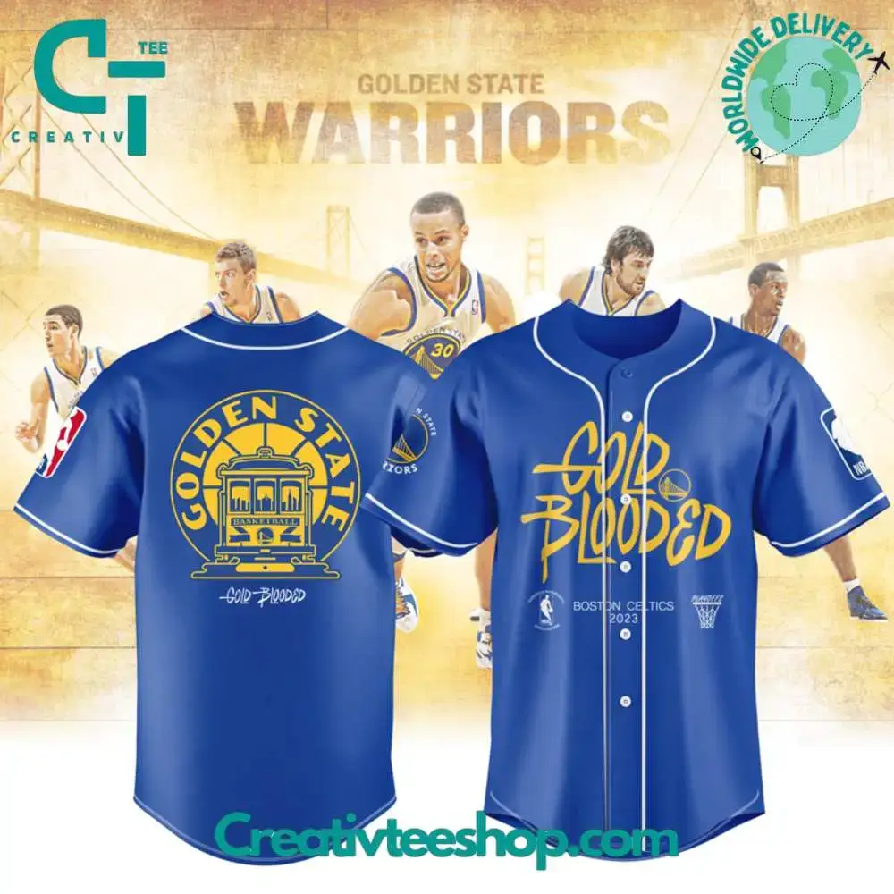 Golden State Warriors Gold Blooded Blue Baseball Jersey Image