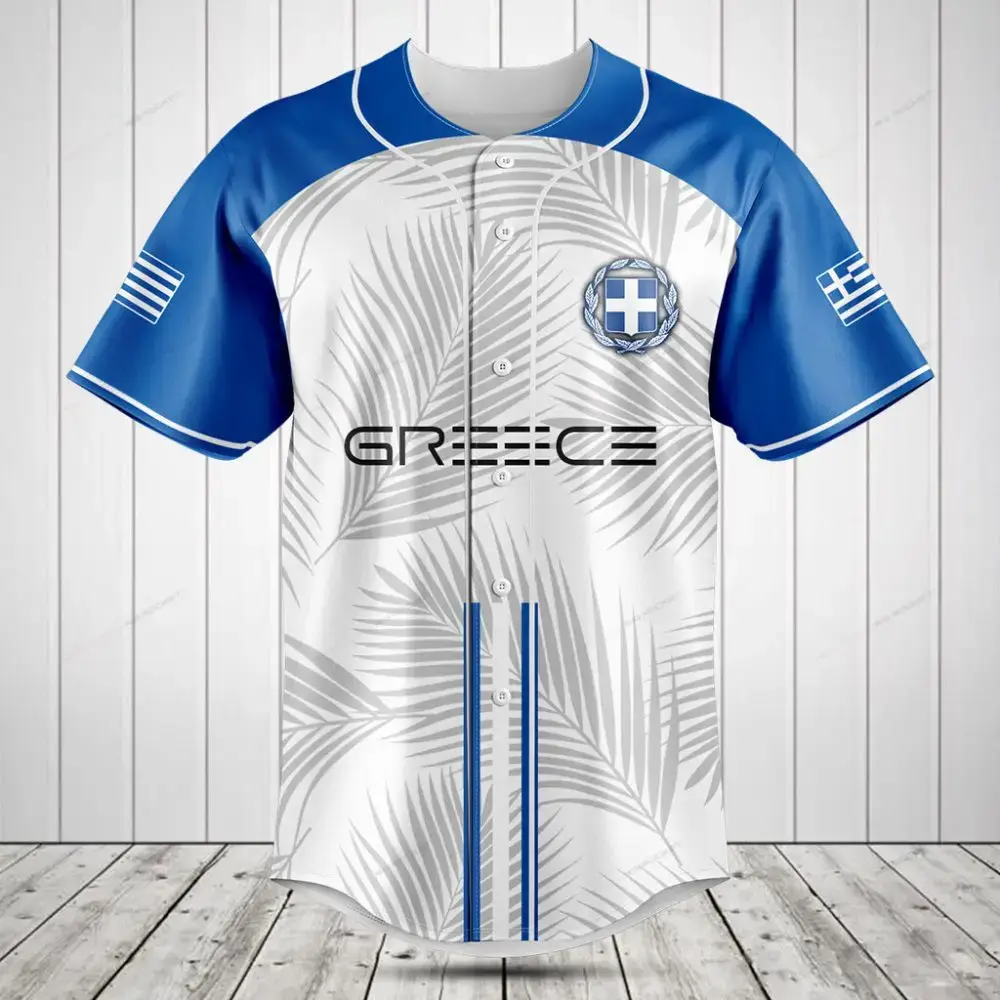 Greece Baseball Jersey - Blue & White Palm Design - Stylish & Comfortable Sportswear Image