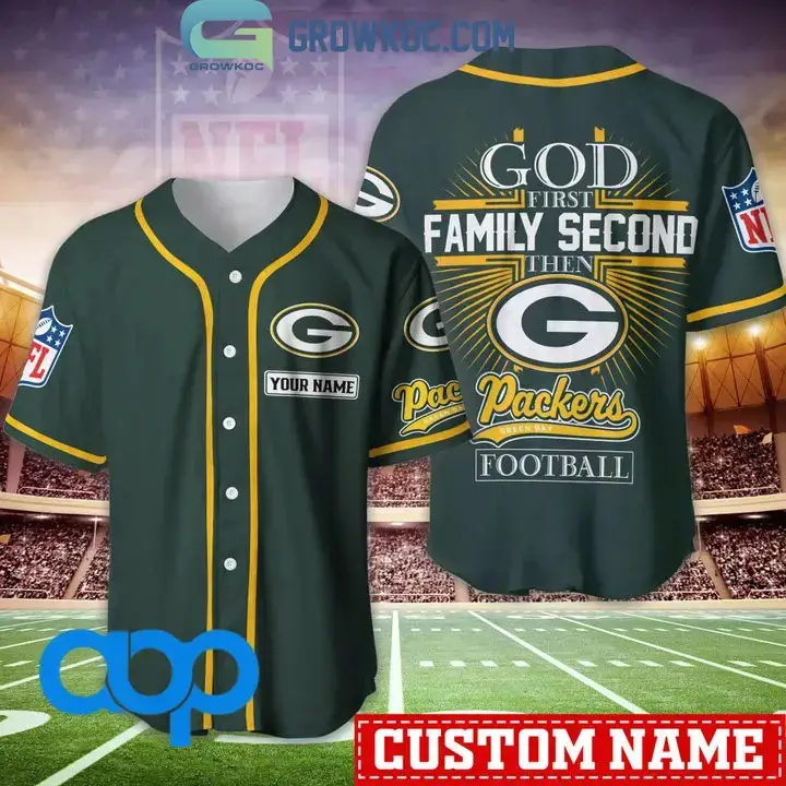 Green Bay Packers NFL Personalized God First Family Second Baseball Jersey Image