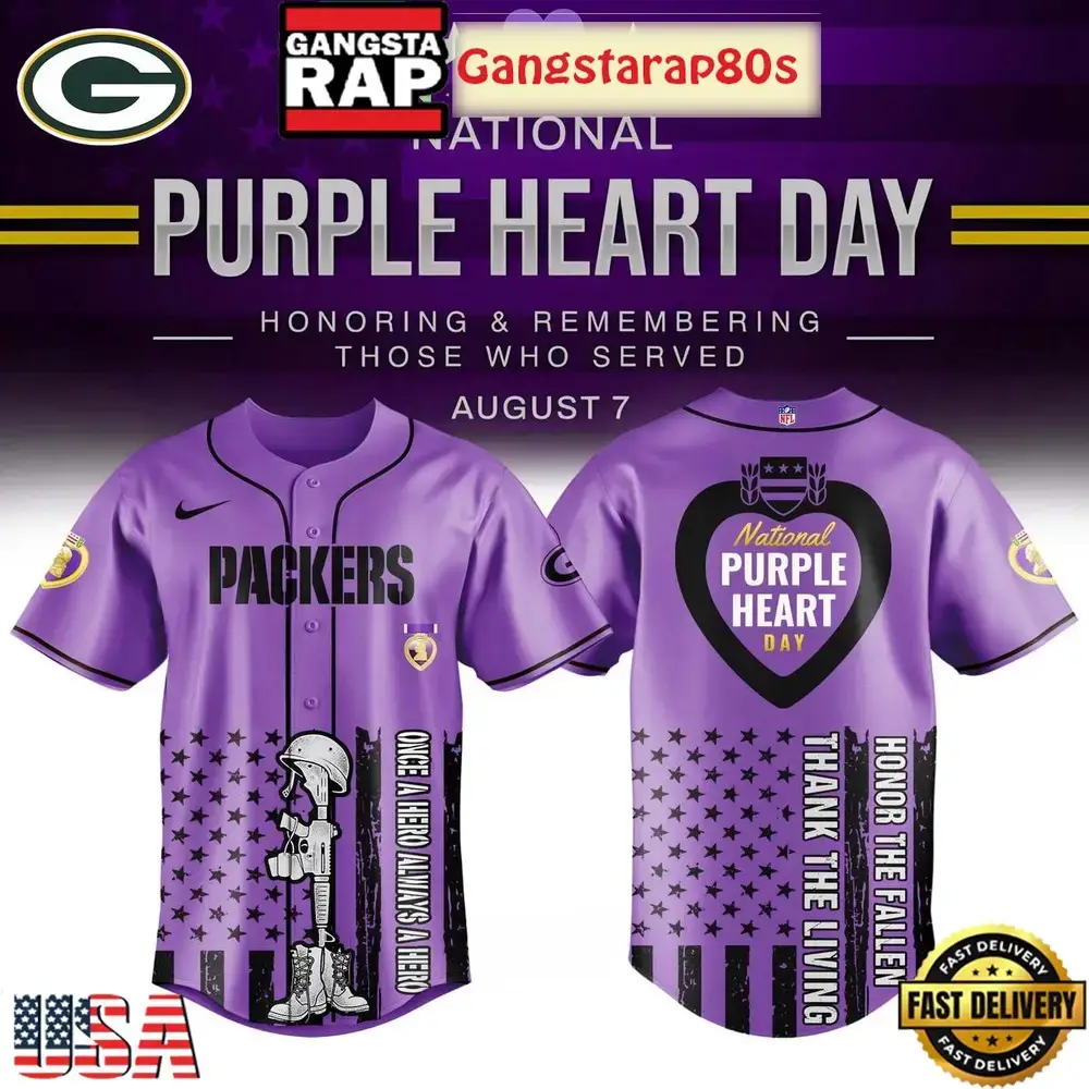 Green Bay Packers Purple Heart Day 2025 Unique Design Baseball Jersey Image