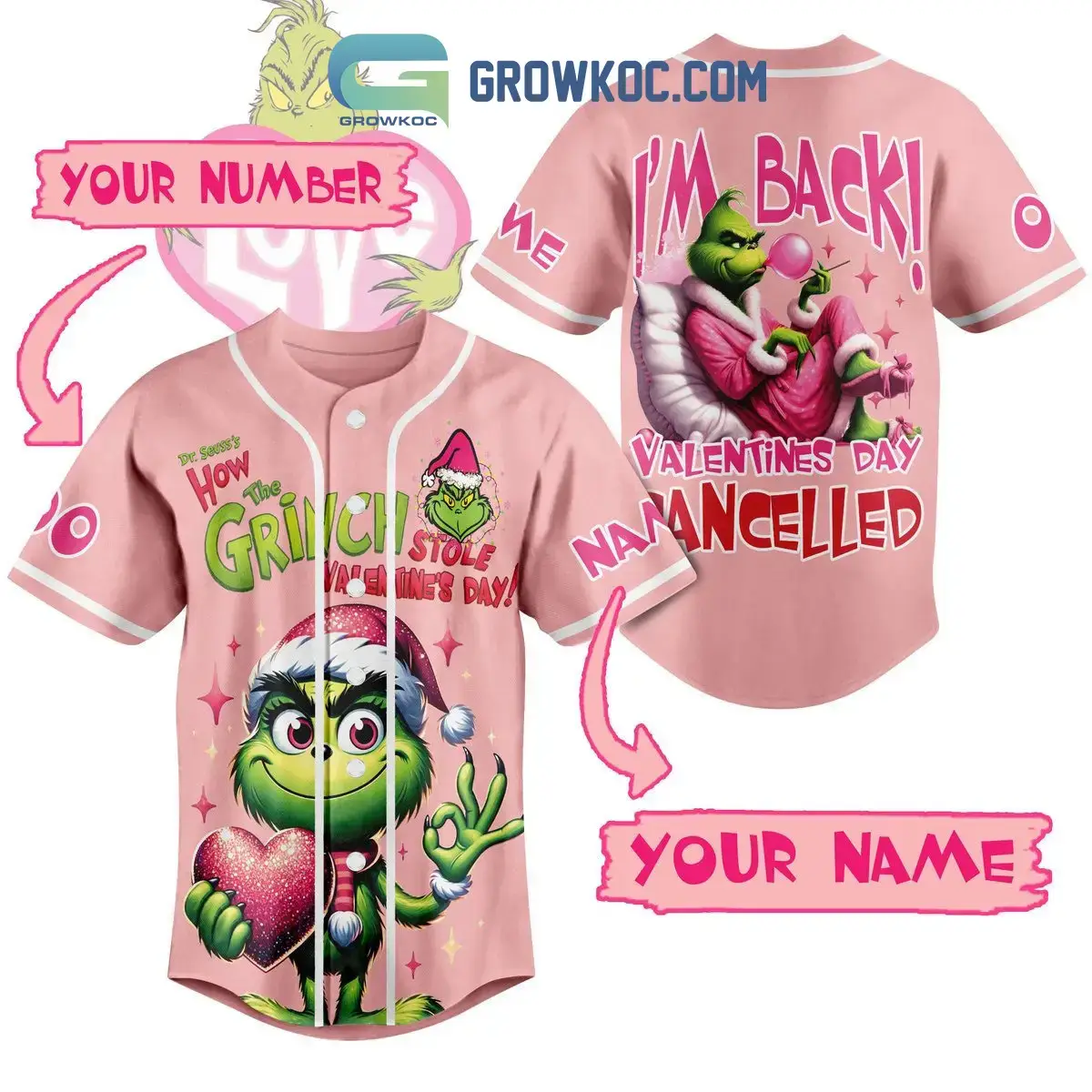 Grinch Steals Valentine's Day Personalized Baseball Jersey Image