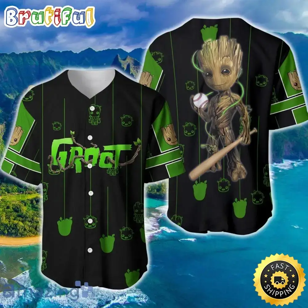 Groot Black Green Patterns Disney Baseball Jersey Shirt Image
