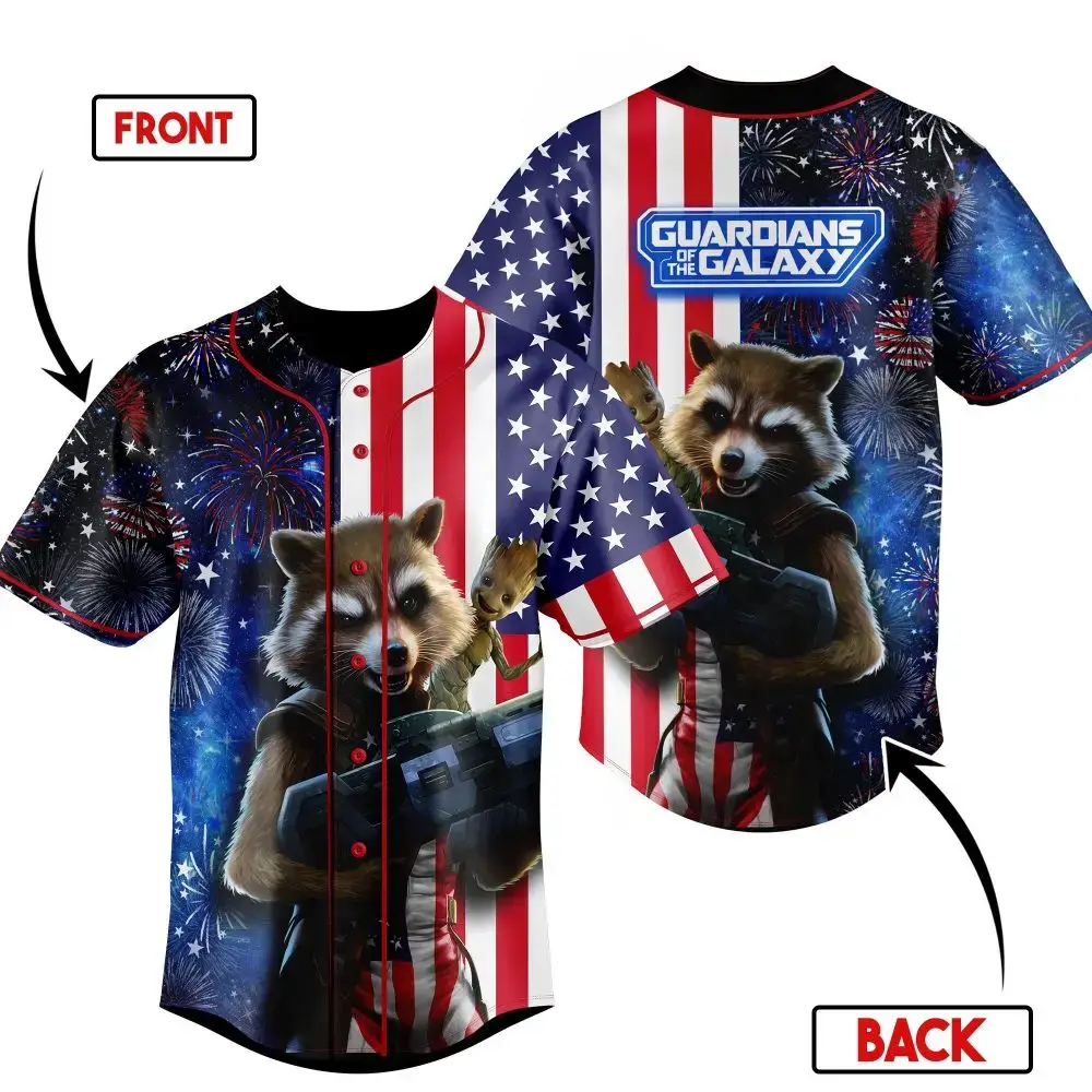 Guardians Of The Galaxy Patriotic Baseball Jersey - Rocket & Groot Design, Men'S Fashion Top Image
