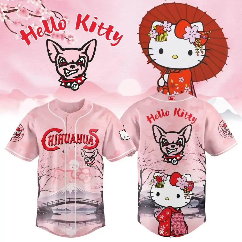 Hello Kitty & Chihuahua Pink Baseball Jersey – Cute Sakura Cherry Blossom Design Image