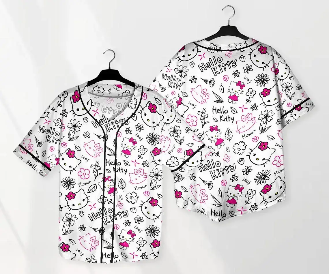 Hello Kitty Floral Baseball Jersey Shirt – Cute & Comfy Design For Fans Image
