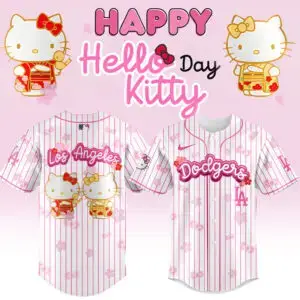 Hello Kitty Los Angeles Dodgers Baseball Jersey - Cute Pink Striped Design For Fans Image