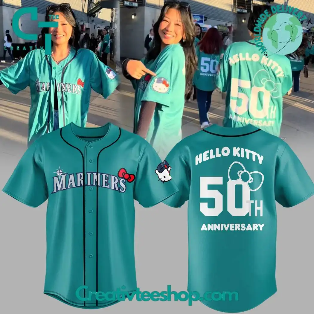 Hello Kitty Mariners 50Th Anniversary Green Baseball Jersey Image