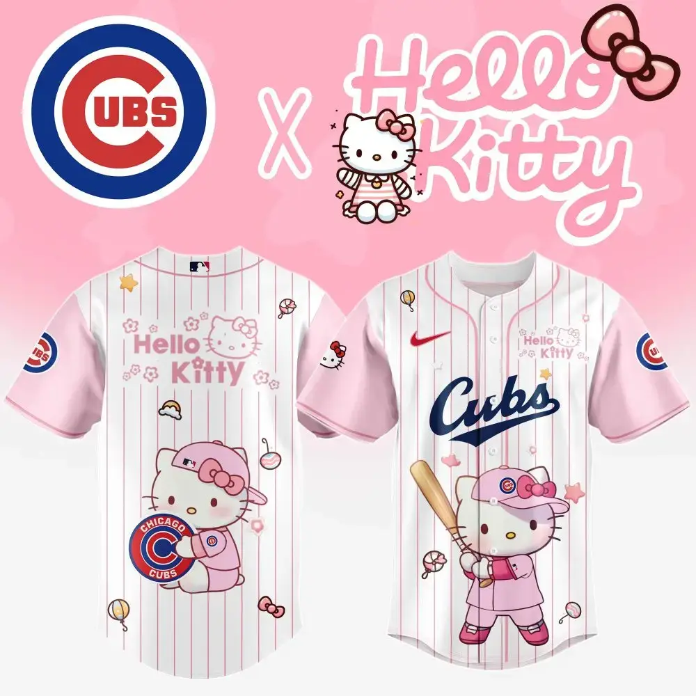Hello Kitty X Cubs Pink Baseball Jersey - Cute & Sporty Fan Gear For Kids & Adults Image