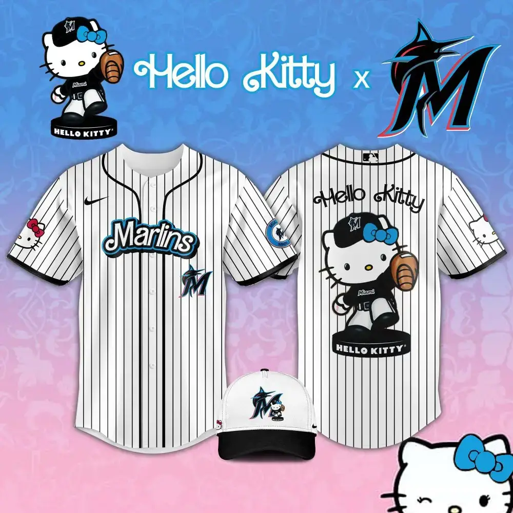 Hello Kitty X Marlins Baseball Jersey & Hat Set – Limited Edition Fan Gear Image
