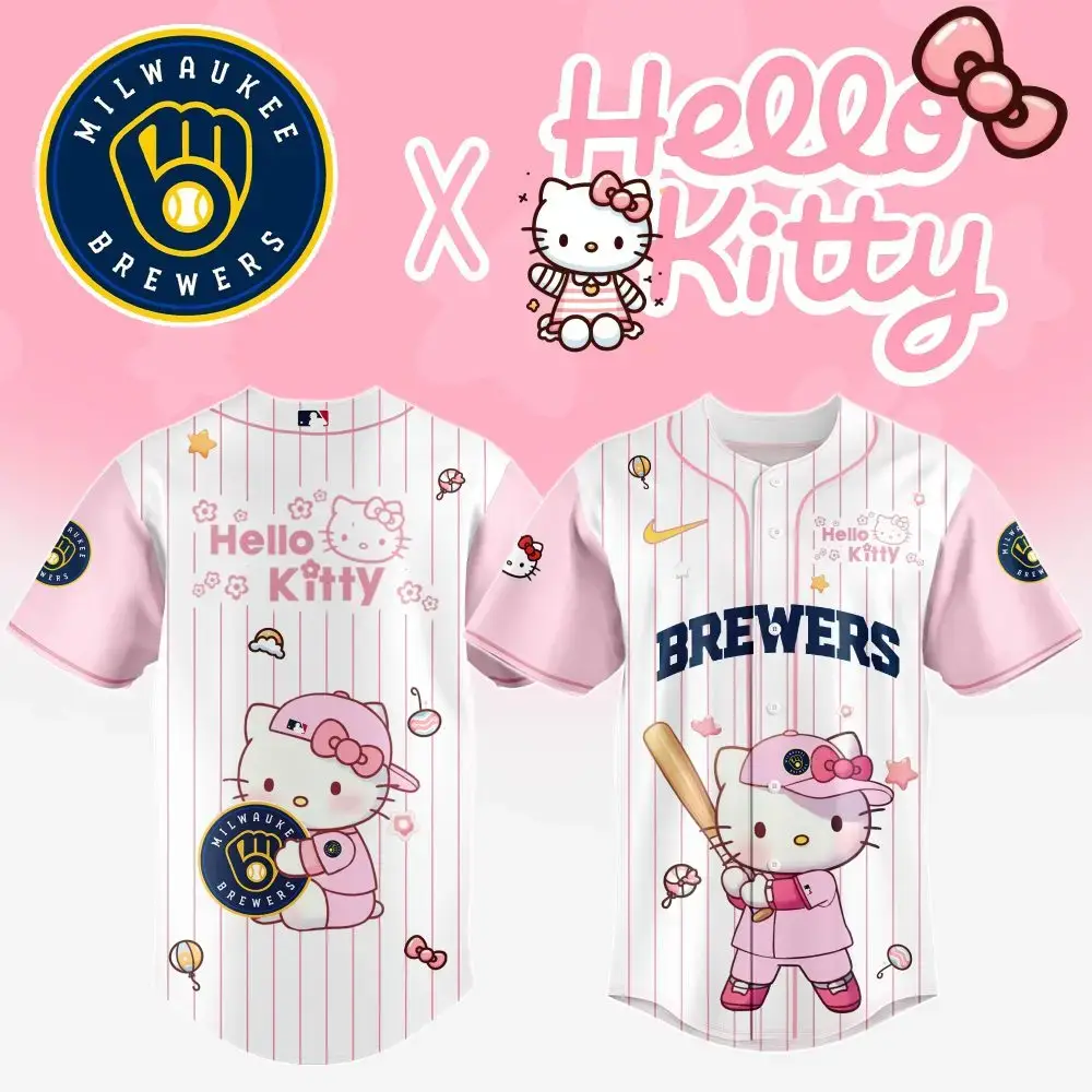 Hello Kitty X Milwaukee Brewers Pink Baseball Jersey - Cute, Limited Edition Fan Gear! Image