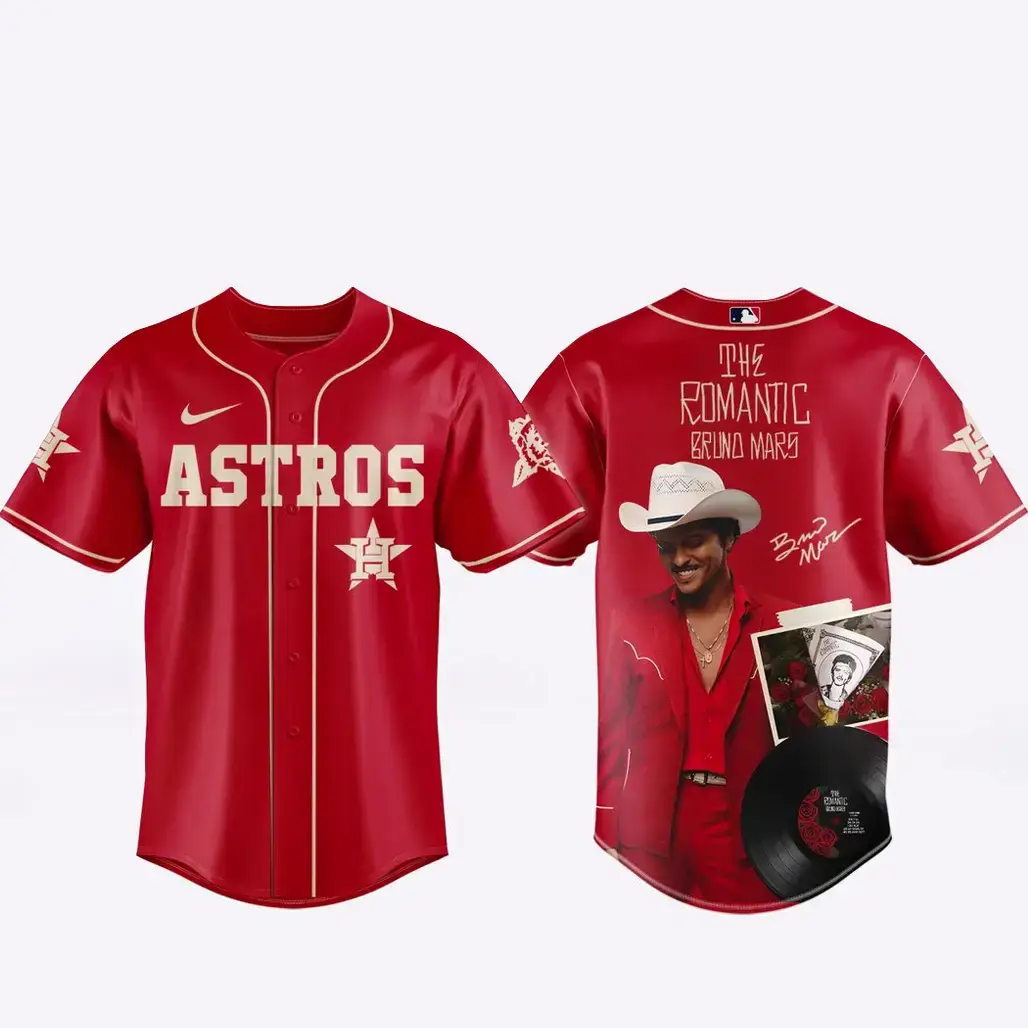 Houson Astros x Bruno Mars The Romantic Tour 2026 Red Baseball Jersey Image