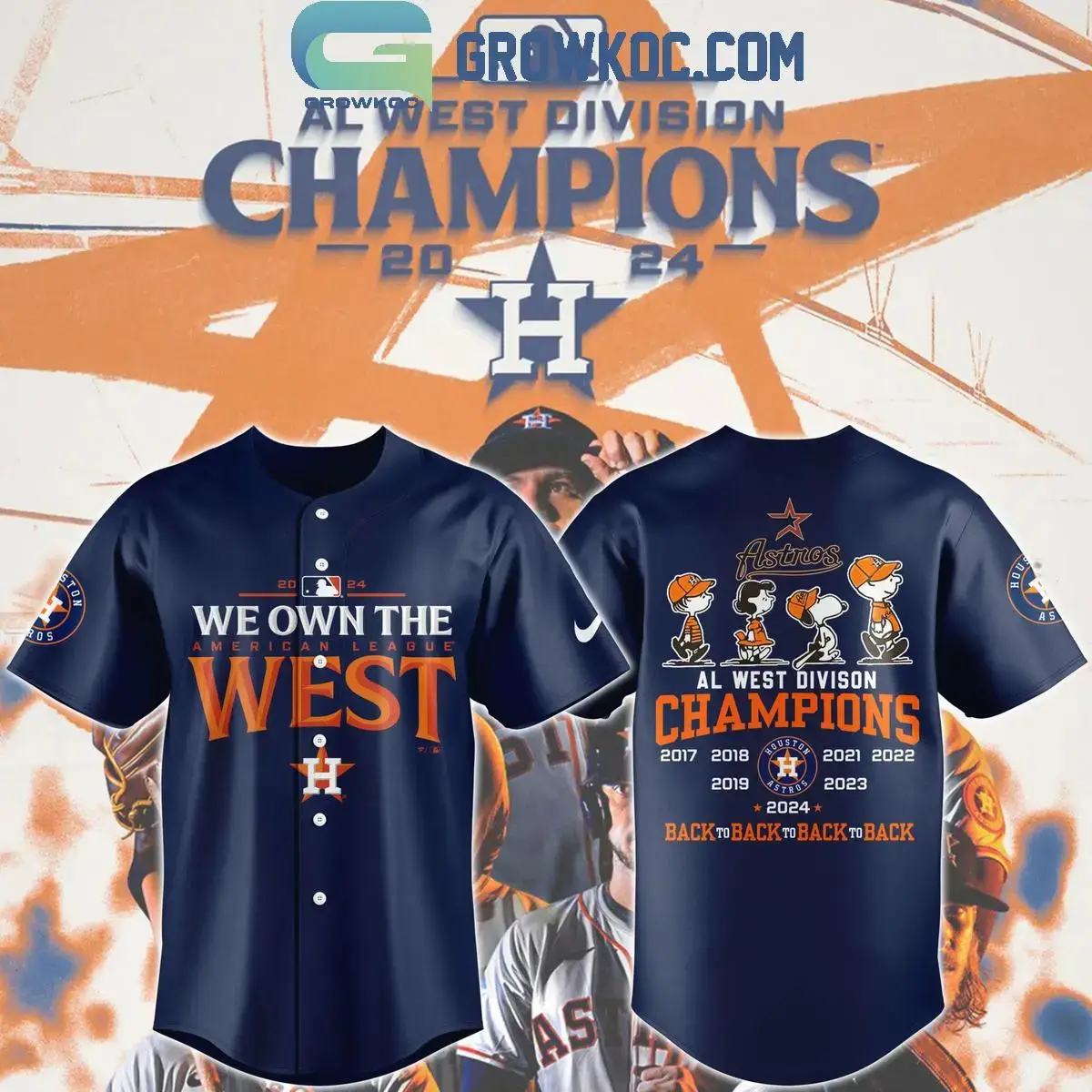 Houston Astros Snoopy 2024 Astros Fanatics AL West Division Champions Baseball Jersey Image