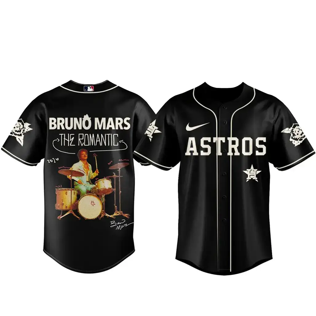 Houston Astros x Bruno Mars The Romantic Tour 2026 Black Baseball Jersey Image