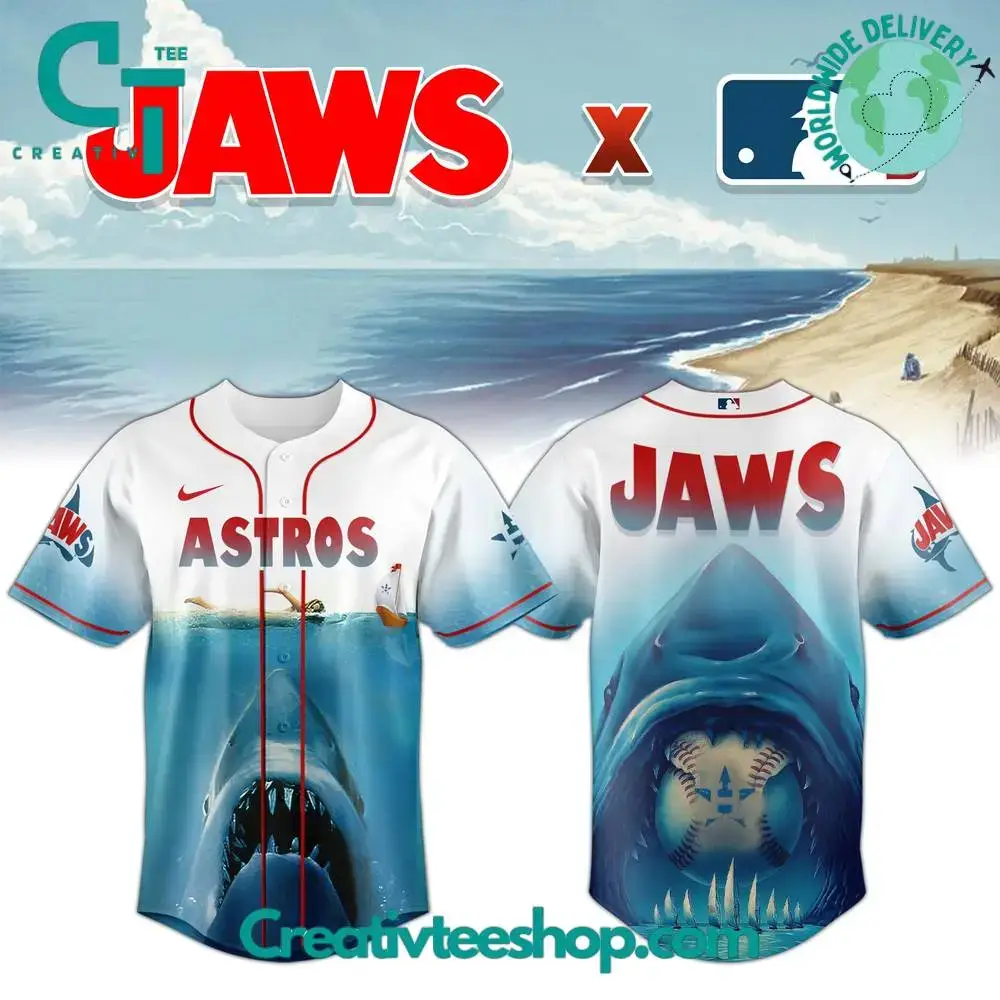 Houston Astros X Jaws Movie 50Th Anniversary Special Baseball Jersey Image