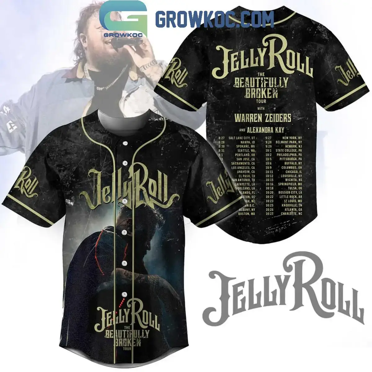 Jelly Roll Schedule Of The Beautifully Broken Tour 2024 Baseball Jersey Image
