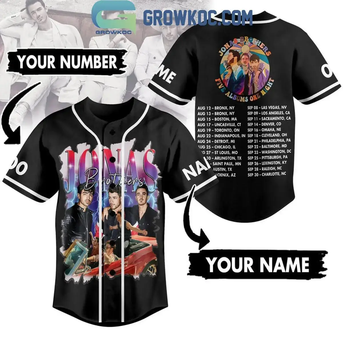 Jonas Brothers Five Albums One Night Personalized Baseball Jersey Black Image