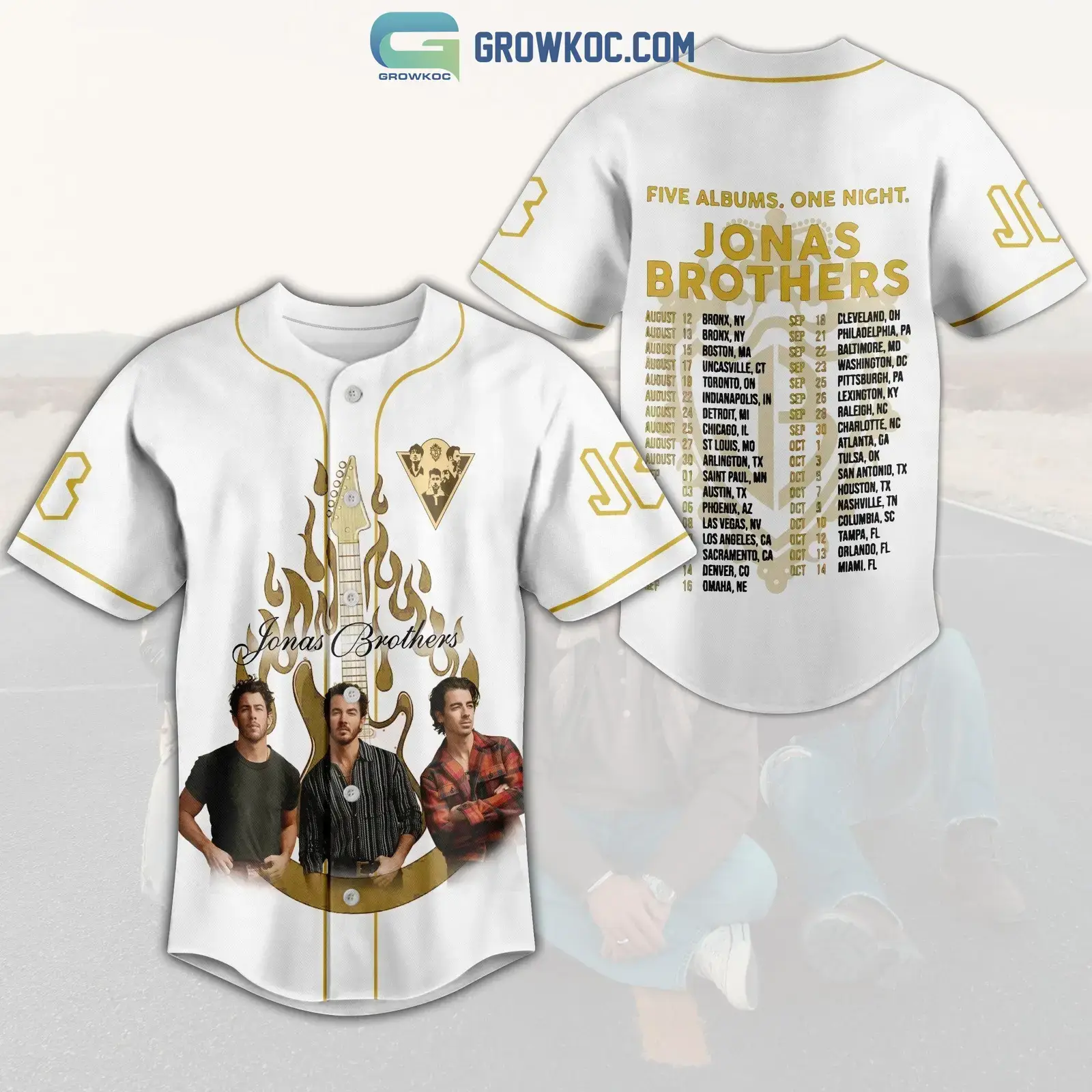 Jonas Brothers Five Albums One Night White Design Baseball Jersey Image