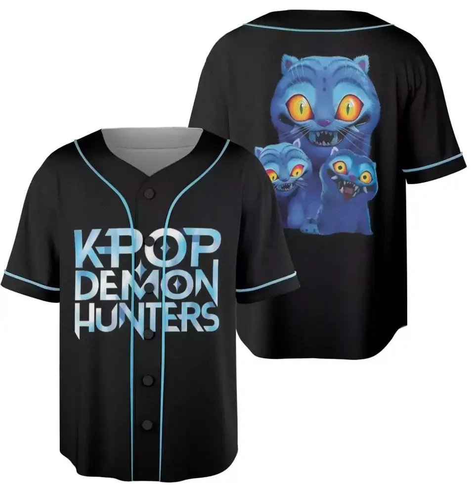 K-Pop Demon Hunters Baseball Jersey - Unique Graphic Tee With Blue Cats Design Image