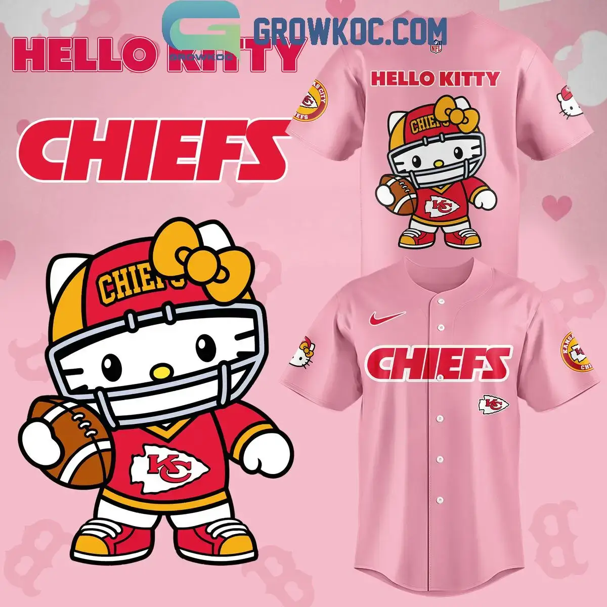 Kansas City Chiefs In Pink Celebrating Hello Kitty 2024 Baseball Jersey Image