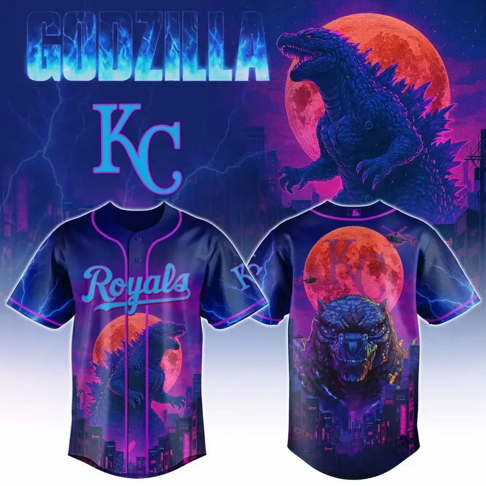 Kansas City Royals Mlb X Godzilla Neon City Custom Baseball Jersey Image