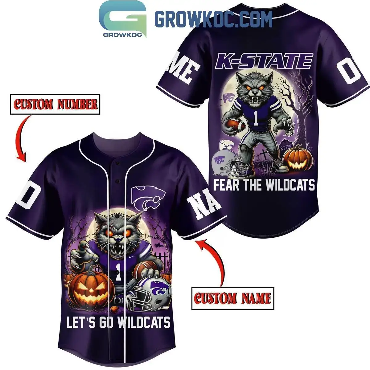 Kansas State Wildcats Halloween Let's Go Wildcats With Fear Personalized Baseball Jersey Image