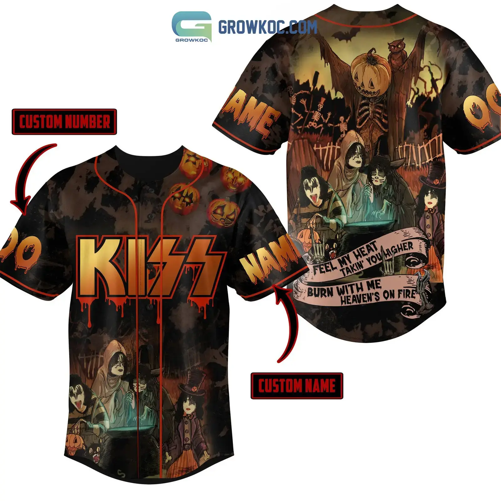 Kiss Band Halloween Feel My Heat Takin' You Higher Burn With Me Heaven's On Fire Personalized Baseball Jersey Image