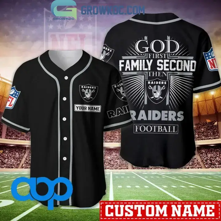 Las Vegas Raiders NFL Personalized God First Family Second Baseball Jersey Image
