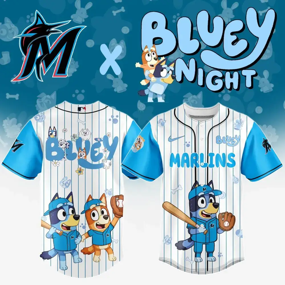 Limited Edition Bluey X Marlins Kids' Baseball Jersey - Fun Sportswear For Young Fans! Image