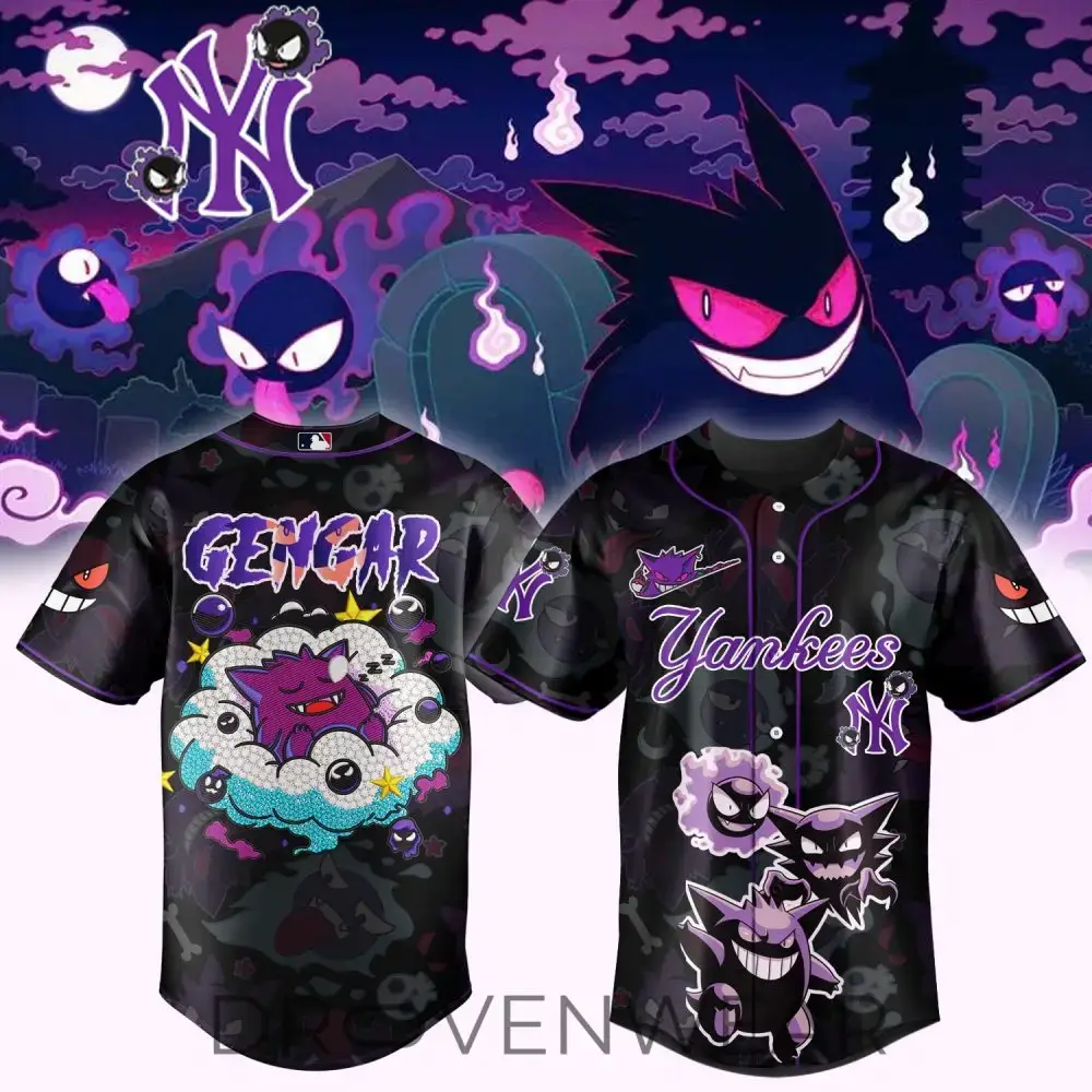 Limited Edition Gengar Yankees Baseball Jersey – Exclusive Ghostly Design, Perfect Gift! Image