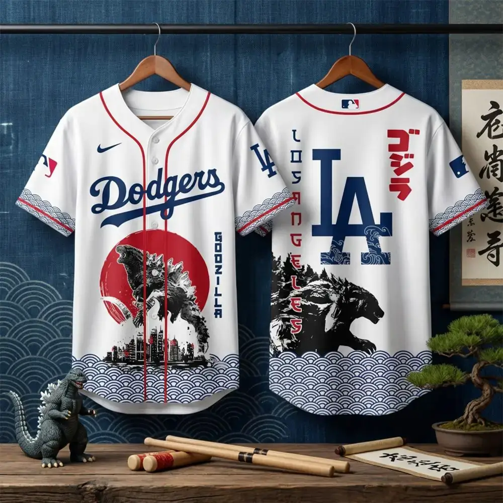 Limited Edition Godzilla X Dodgers Baseball Jersey – Unleash Your Inner Fan With Epic Style! Image