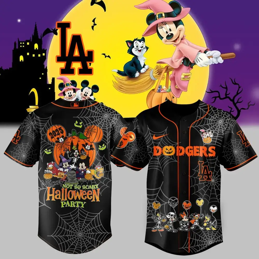 Limited Edition Halloween Party Baseball Jersey – Spooky Mickey & Friends Design – Perfect For Dodgers Fans! Image