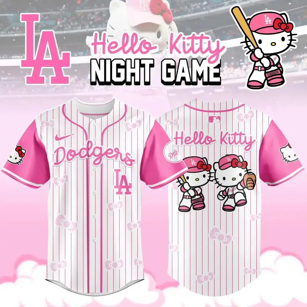 Limited Edition Hello Kitty Dodgers Pink Baseball Jersey – Cute & Sporty Fan Gear! Image