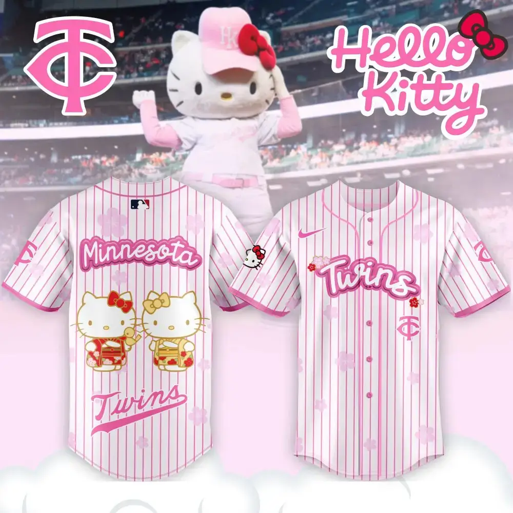 Limited Edition Hello Kitty X Minnesota Twins Pink Baseball Jersey - Cute & Stylish Fan Gear! Image
