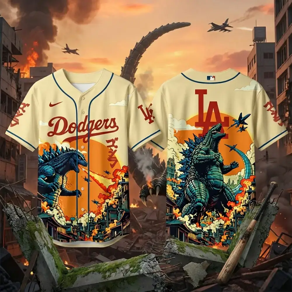 Limited Edition La Dodgers X Godzilla Graphic Jersey - Eye-Catching Design, Perfect Gift For Fans! Image